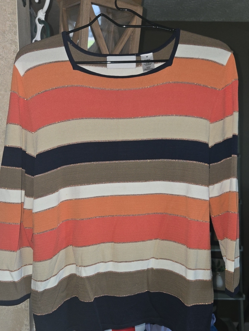 Alfred Dunner Navy Trim Striped Knit Top with Orange & Rust Bands